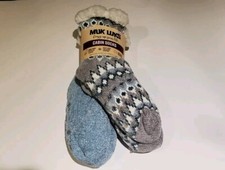 Muk Luks Cabin Socks Fuzzy Chenille Plush Lined Non-Skid Mid Calf S/M 2pk Blue
