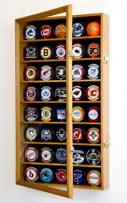 Hockey Puck Display Case 40 Pcs Oak Wood Holder Cabinet Wall Baseball Shadow Box
