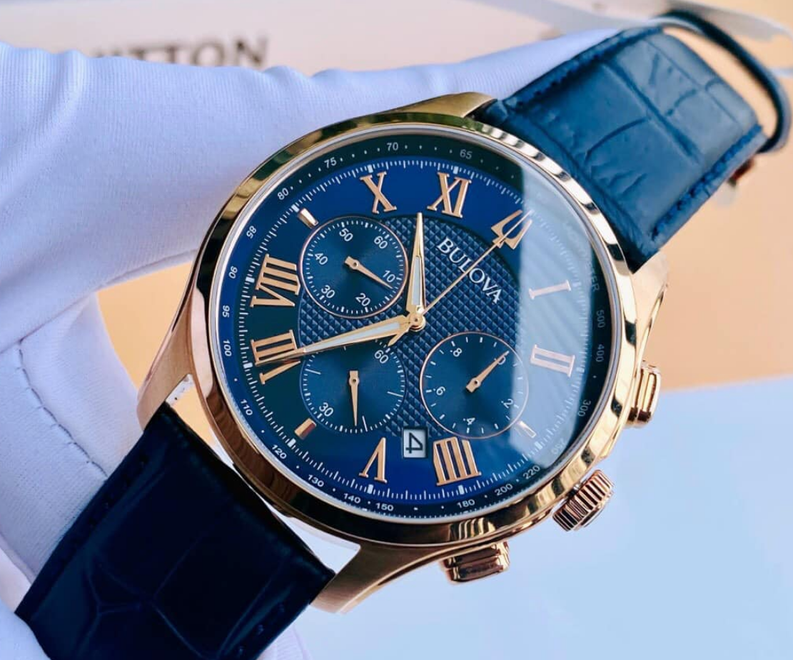 Bulova Classic Wilton 97B170 Rose Gold Tone Blue Dial Chronograph Men's