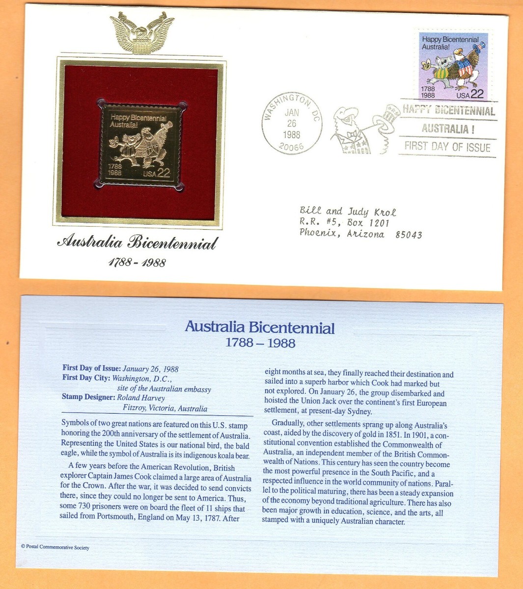 Australia Bicentennial(1788 - 1988)22K Gold Replica-1st Day Cover