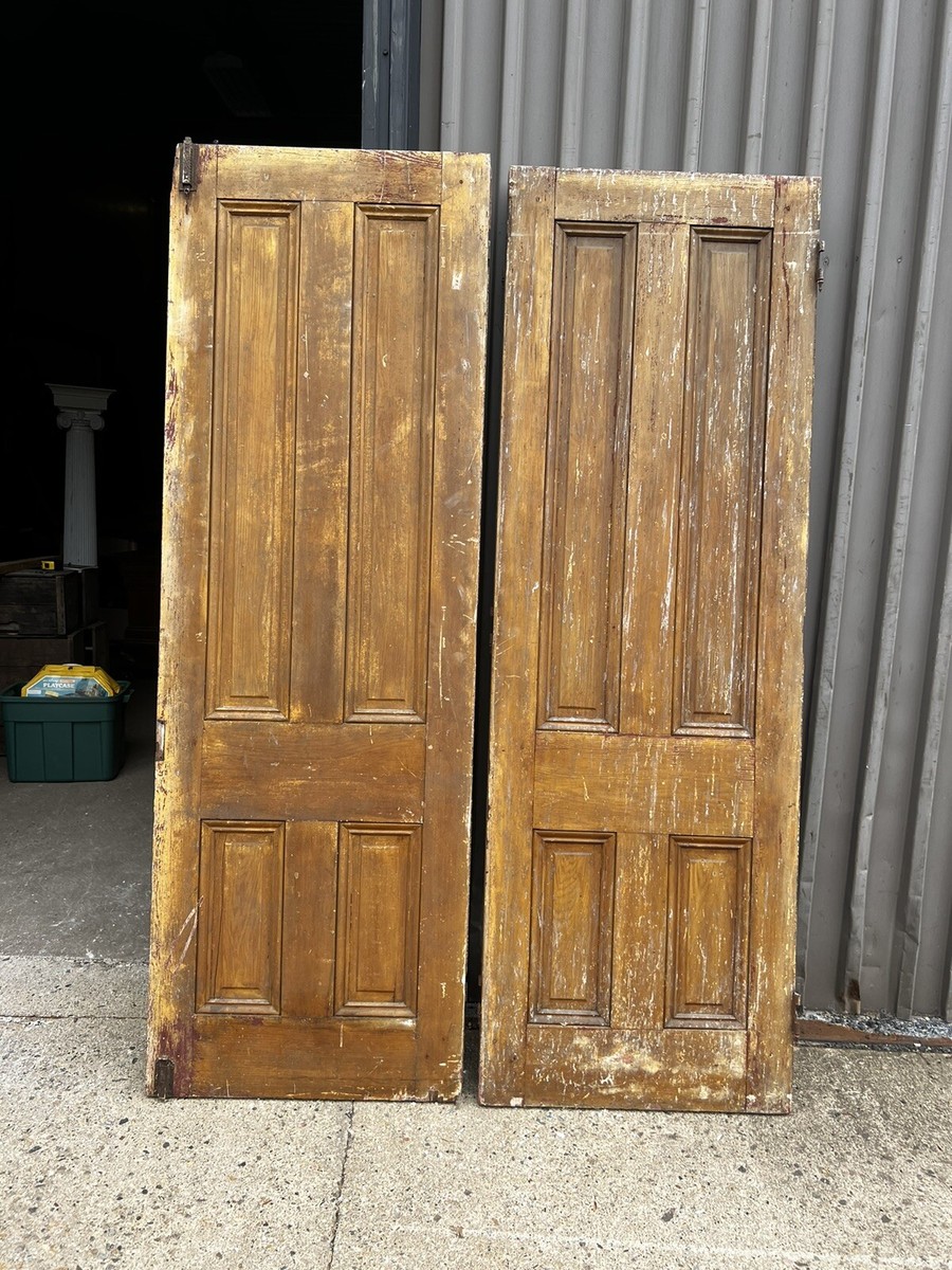 pair vintage c1830-40 4 panel doors period mustard grain paint PA