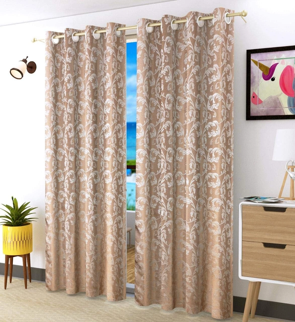 Nuevo Set De 2 Piezas Poliéster Puerta Cortinas Juego 2.7m Largo Beige