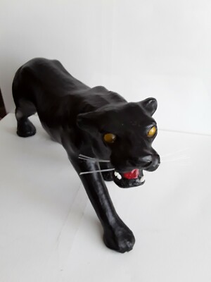 Vintage Paper Mache And Leather  Black Panther Figurine Glass Eyes