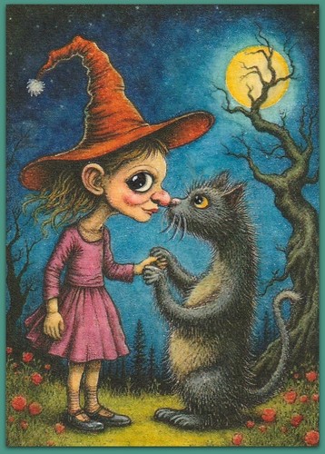 ACEO 2.5x3.5 watercolor painting - cat kitten witch girl fantasy surreal