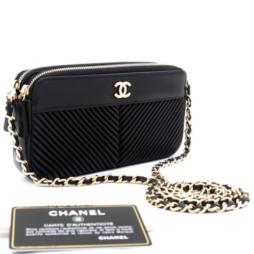 L14 CHANEL Authentic V-Stitch Lambskin Wallet On Chain WOC Double Zip Chain Bag