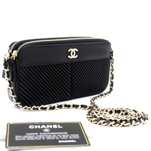 L14 CHANEL Authentic V-Stitch Lambskin Wallet On Chain WOC Double Zip Chain Bag - Picture 1 of 18