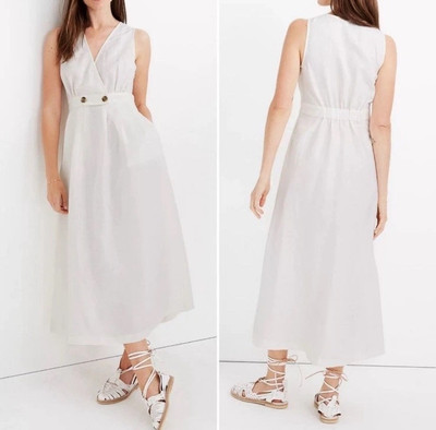 Madewell 2 Button Waist Midi Dress Linen White Wrap Lagenlook Beach Natural