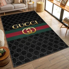 Black Gucci Area Rug, Famous Brand Themed Carpet, Living Room Mat Decor
