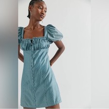 NWT UO Urban Outfitters Eggie Dahli Mini Dress Blue Polka Dot Sz M Puff Sleeve