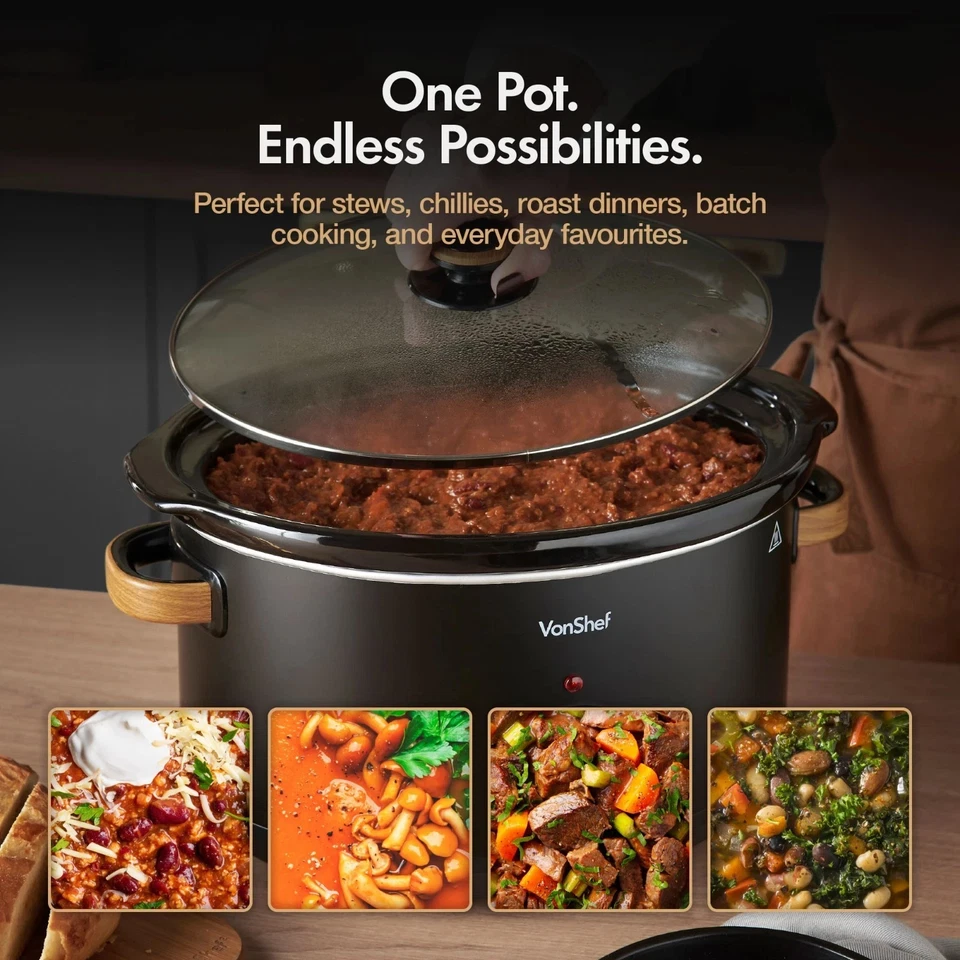 VonShef Slow Cooker 6.5L - Removable Non-stick Ceramic Bowl & Tempered Glass Lid - Image 3 of 4