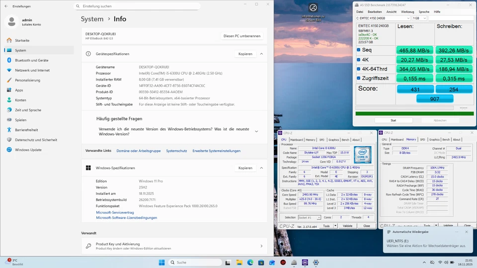 HP EliteBook 840 G3 14" FullHD Core i5 6300U 8GB RAM 240GB SSD Win 11 Pro Dock - Bild 2 von 2