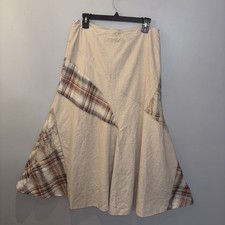 Vintage Boho Patchwork Skirt Beige Linen Blend Prairie Festival Size 10