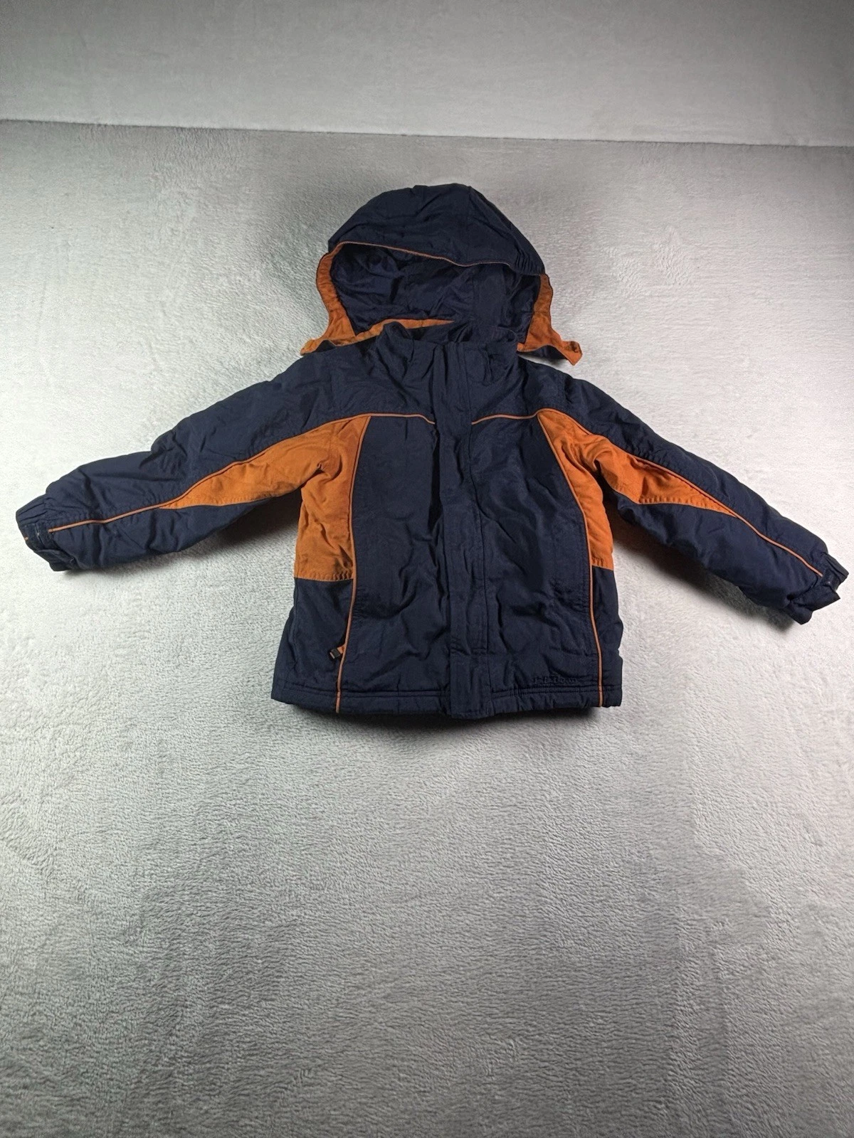 LL Bean Nylon Jacket Kids Size Medium 5-6 Blue & Orange Stowaway Hood Rain Wind