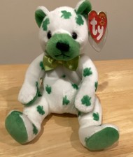 Ty Beanie Babies Clover Bear White Green Shamrock Plush w/ Tag St. Patrick  s Day