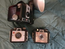 3 Kodak Brownie Cameras, Holiday Flash, Brownie Bullit, Brownie Hawkeye Flash