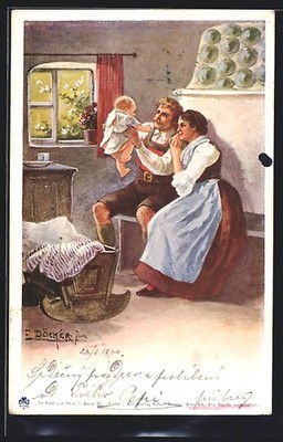 Artist postcard E. Döcker: proud parent couple playing happily with the baby in the S 