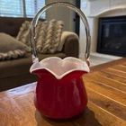 Vintage Fenton Plated Amberina Velvet Basket with clear bamboo Handle