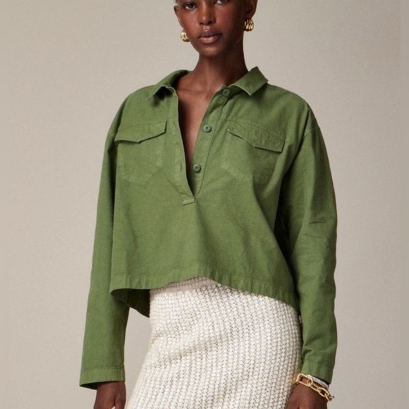 J.Crew Popover Cropped Shirt Sz XS Cotton Linen Blend Green Denim Utility Boxy