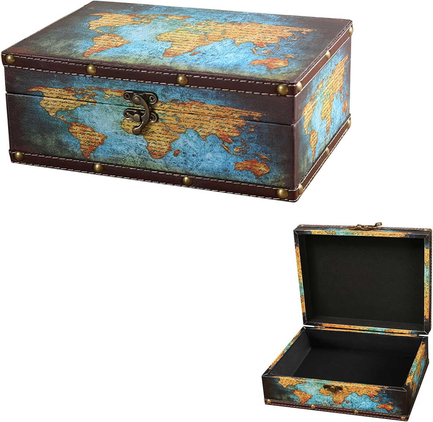 Scatola Portagioie in Legno Vintage Mappa del Mondo 23cm - Idea Regalo