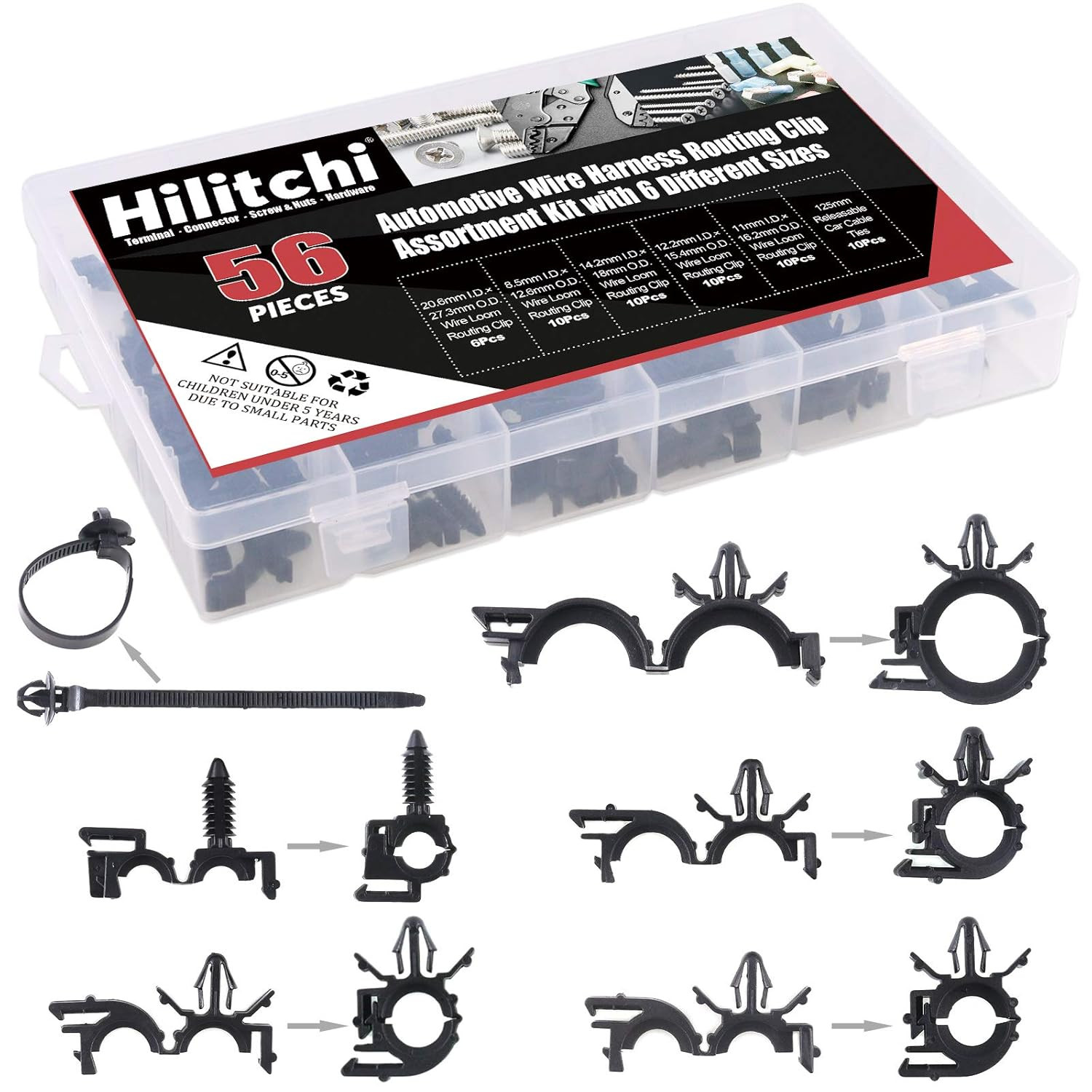 56 Pcs Automotive Wire Harness Routing Clip Assortment Kit with 6 Different Size