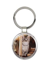 Cat : Gift Round Keychain Cute Animal Kitten Funny Friend Feline Pets Lover