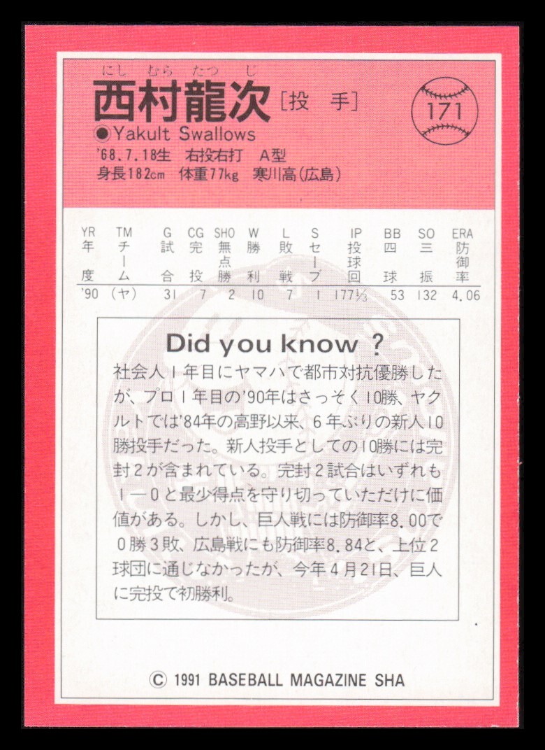 1991 BBM Tatsuji Nishimura Japanese Baseball Card #171 Yakult