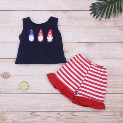 NEW Boutique 4th of July Gnomes Tunic & Ruffle Shorts Girls Outfit Set - Image 1 of 4