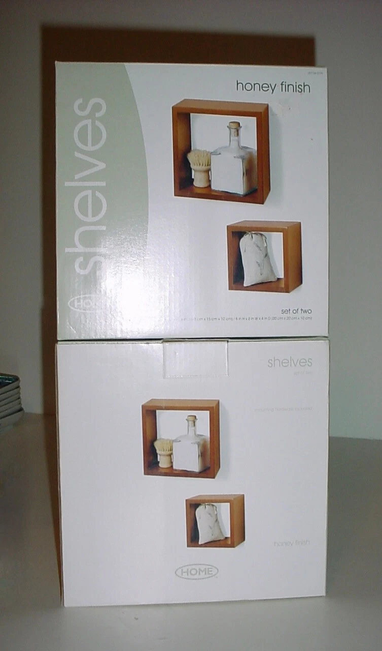 LOT OF FOUR (4) HOME SQUARE CUBE FLOATING WALL SHELVES - HONEY FINISH - NEW