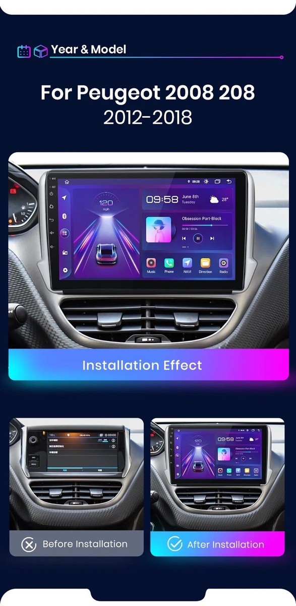 4 64G Android 13 Autoradio für Peugeot 2008/208 2012-2018 - Drahtlos Carplay & Android Auto - 9-Zoll-Touchscreen mit DSP/WiFi/GPS/Mirror Link AHD Rückfahrkamera & Mikrofon