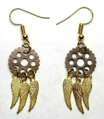 Steampunk Earrings Wings Gears Dangle Hooks Gold Metallic Punk Jewelry Handmade
