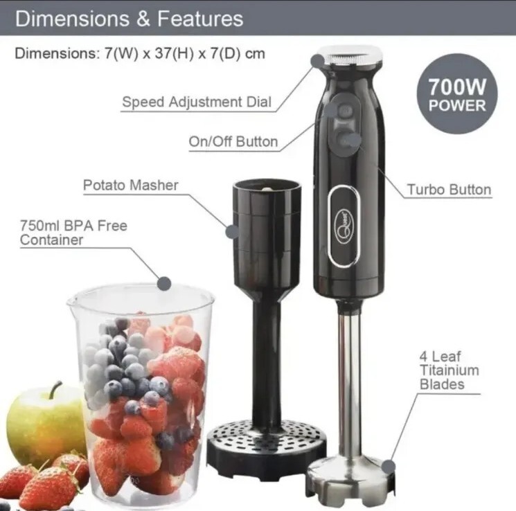 Handheld Stick Blender Masher Turbo Speed Button Strong Titanium