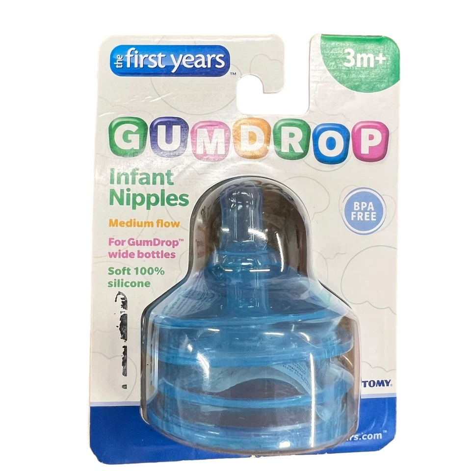 TOMY GumDrop Infant Nipples The First Years 2 Pack Blue 3m+ Medium Flow BPA Free - Image 3 of 4