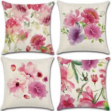 Set of 4 Pillow Covers 18x18, Watercolor Flowers Pattern Style Linen Fabric
