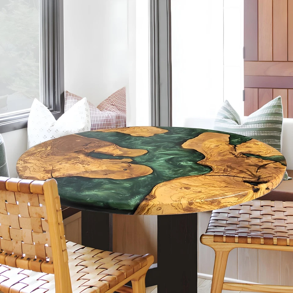 Mesa de centro redonda río epoxi verde oliva personalizada | Diseño moderno hecho a mano Foto 2 de 4