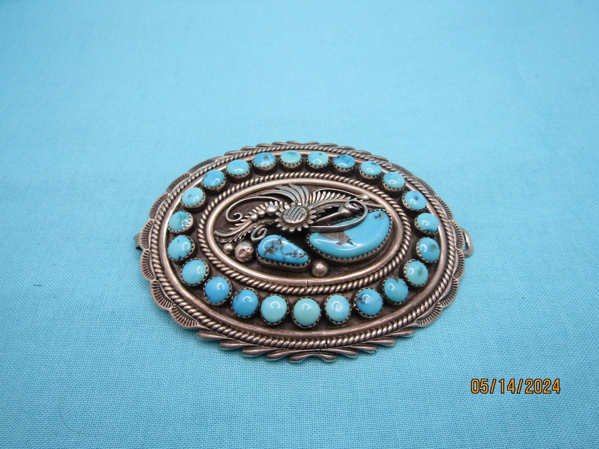 Vtg Large Sterling Silver Turquoise, Belt Buckle “Ernest C. Lister