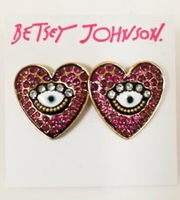 NEW BETSEY JOHNSON GOLD TONE,PINK PAVE GLITTER HEART,STUD EVIL EYE EARRINGS