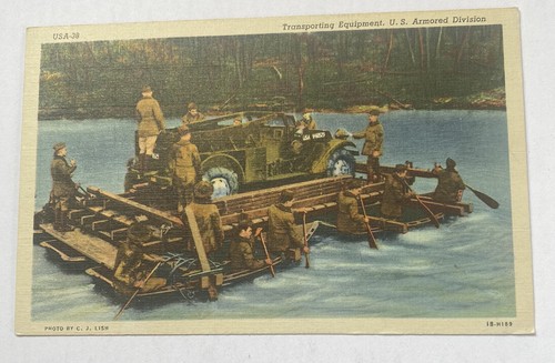 Vintage WWII Postcard ~ US Army Armored Division Transporting Vehicles on Water
