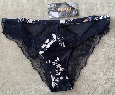 MARKS AND SPENCER BNWT M&S Rosie Brazilian Luxurious silk Knickers with French Lace Navy mix UK 12