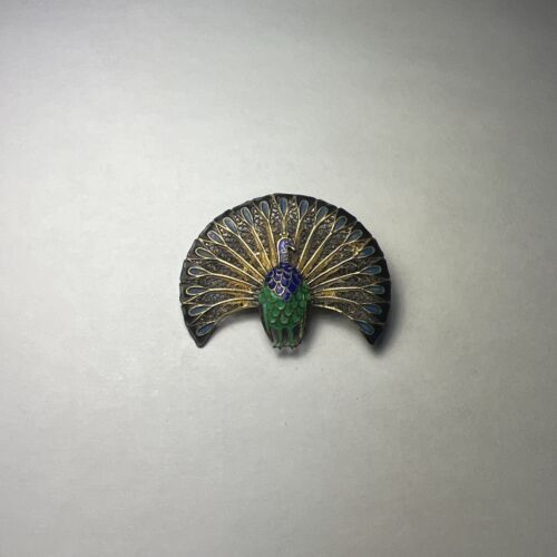Vintage Brass Peacock Brooch | VIBRANT COLORS - image 1