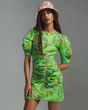 Anthropologie Farm Rio Mini Dress Green Floral Puff Sleeve Tropical 2X Plus NWT