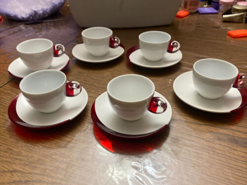 GUZZINI Espresso Cup with Saucer Red & White Acrylic & Porcelain Italy 6 Pc Set - Picture 1 of 11