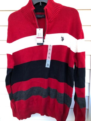 US Polo Assn~XL~MENS~RED~Stripe~1/4 Zip~Mock Turtleneck~Long Sleeve~Sweater