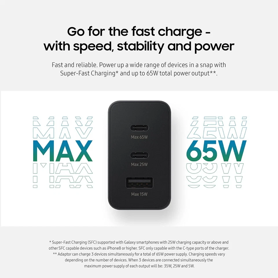 Samsung 65W Trio Power Adapter Super Fast Wall Charger w/ USB-C Cable Black - Image 4 of 4