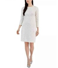 Anne Klein Womens Embelished Sweater Fit & Flare Dress, Off-White, X-Large