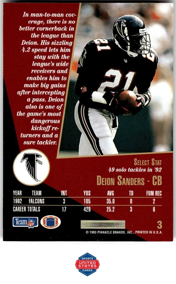 1993 Select #3 Deion Sanders - Image 2 of 2