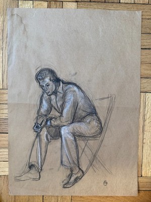 Vintage 1940s Drawing Mixed Media Man With Pipe 19.5 x 14 OOAK