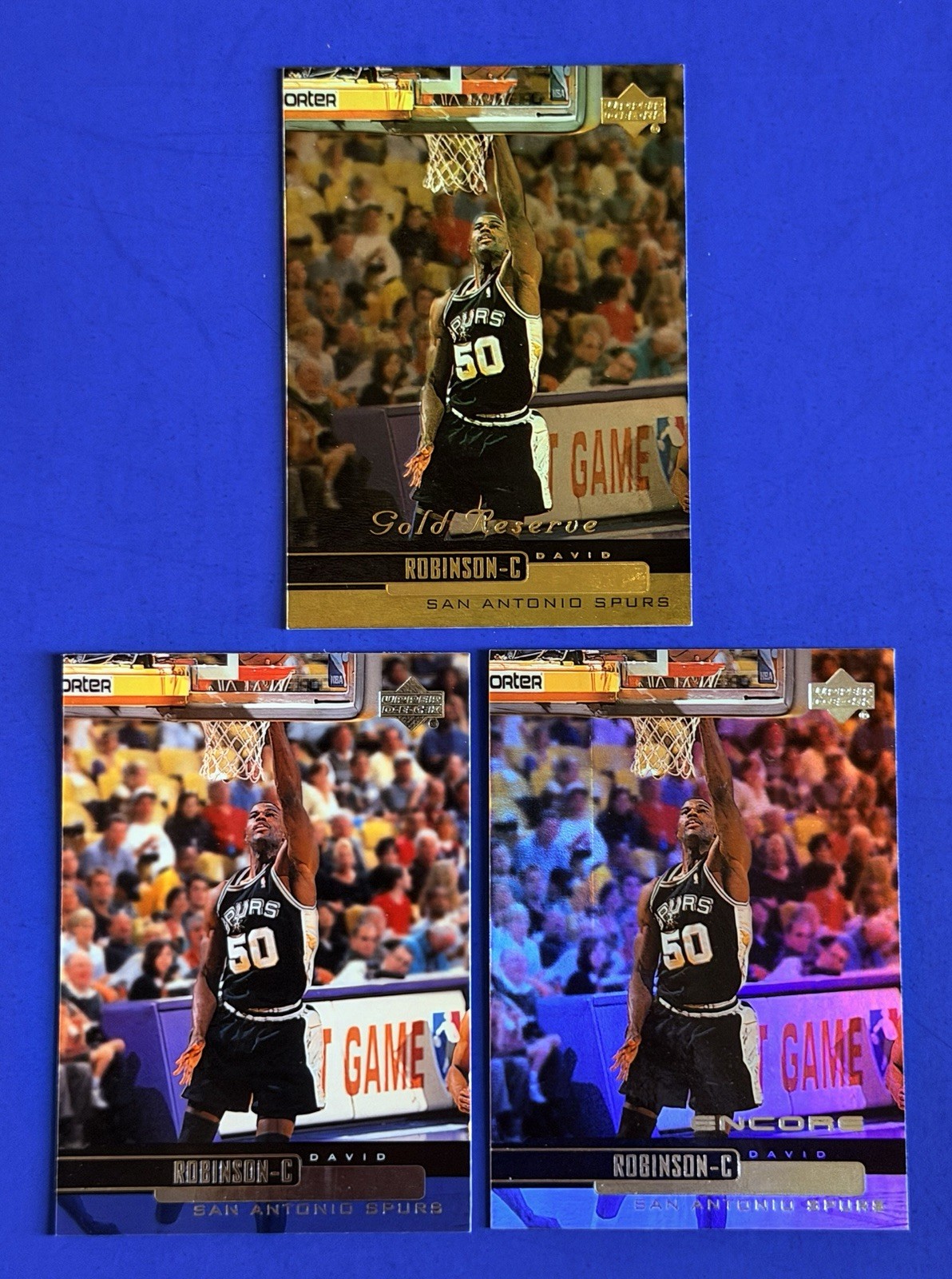 (3)  1999-00 Upper Deck David Robinson Spurs Base, Encore & Gold Parallel Cards