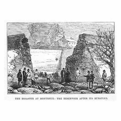 MONTREUX Der Stausee nach seinem Platzen - antiker Druck 1888
