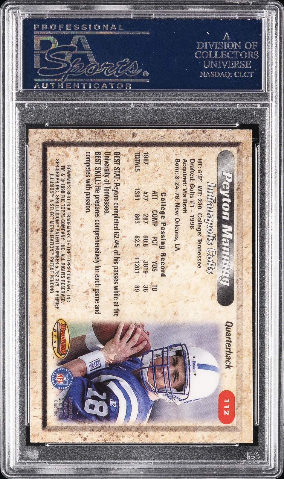 1998 BOWMAN'S BEST #112 PEYTON MANNING ROOKIE RC PSA 10 view 2