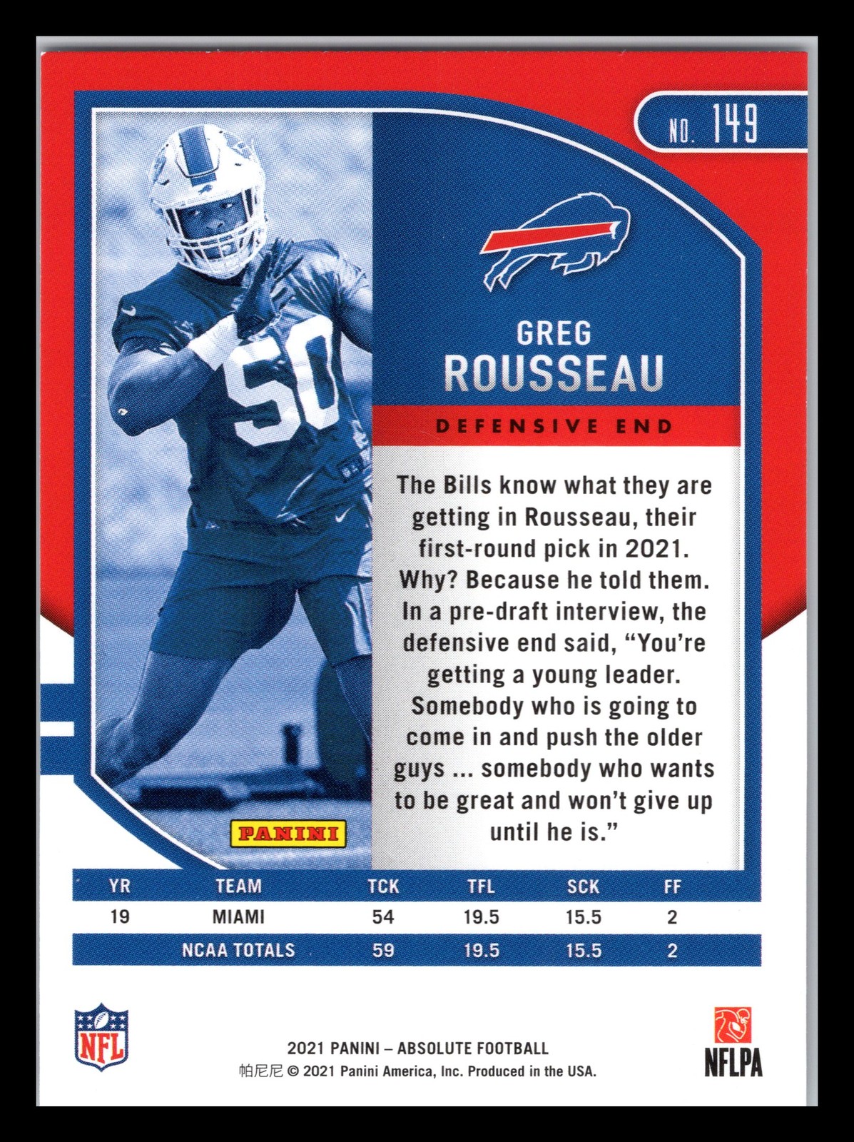 2021 Panini Absolute #149 Greg Rousseau Blue Buffalo Bills
